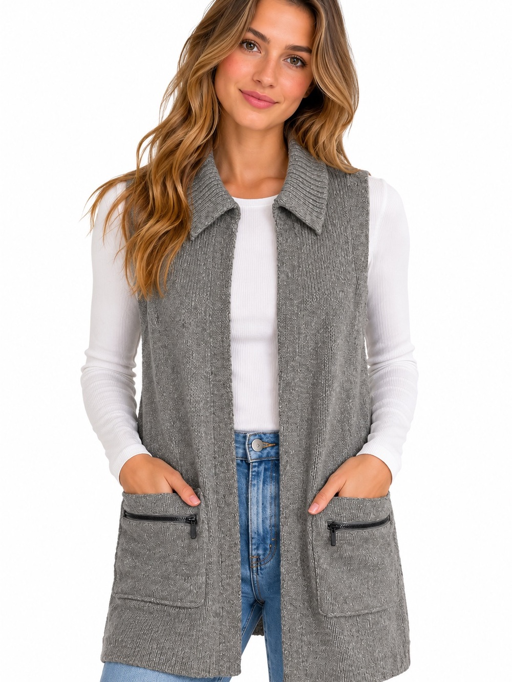 Ann Taylor Factory Petite MP Gray Longline Sweater Vest Zip Pockets
